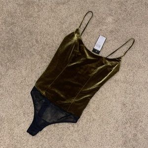 BCBG Olive Green Velvet Mesh spaghetti strap body suit